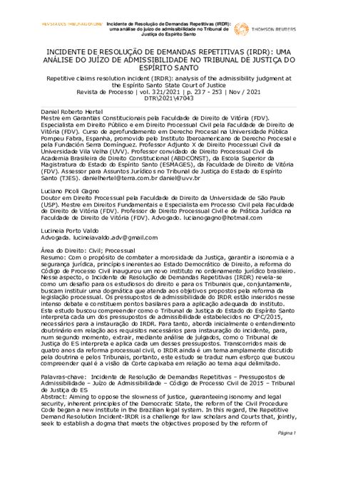 IRDR – juízo de admissibilidade — Tribunal de Justiça do Distrito .